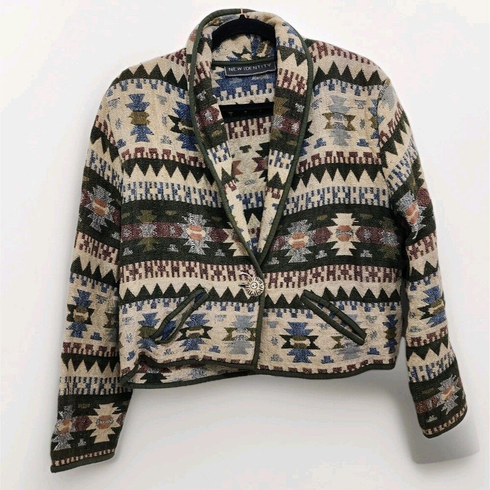 Vtg New Identity Southwestern Tapestry Blanket Jacket Cropped Aztec Woven Boho S